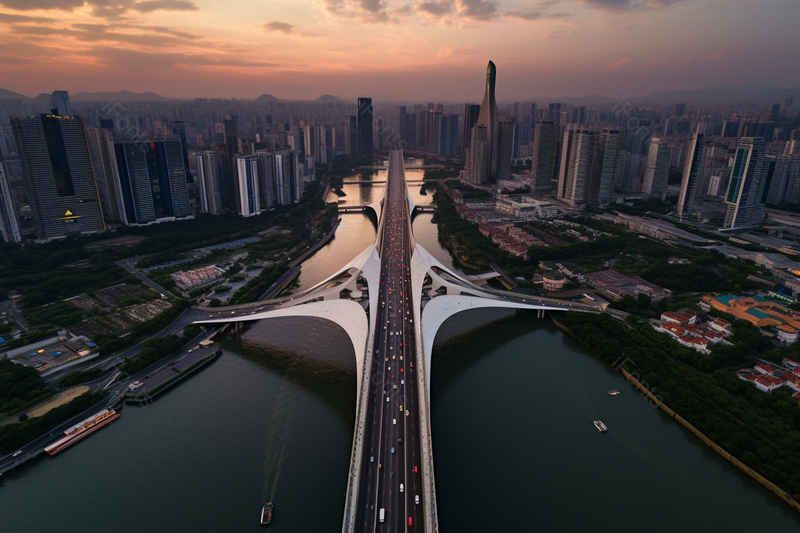 实拍橙色夕阳下跨海大桥城市边缘美景摄影背景,高清,摄影图,摄影图片,图片大全,摄影图免费下载